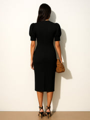 Women Black Double Button Mock Placket Bodycon Dress