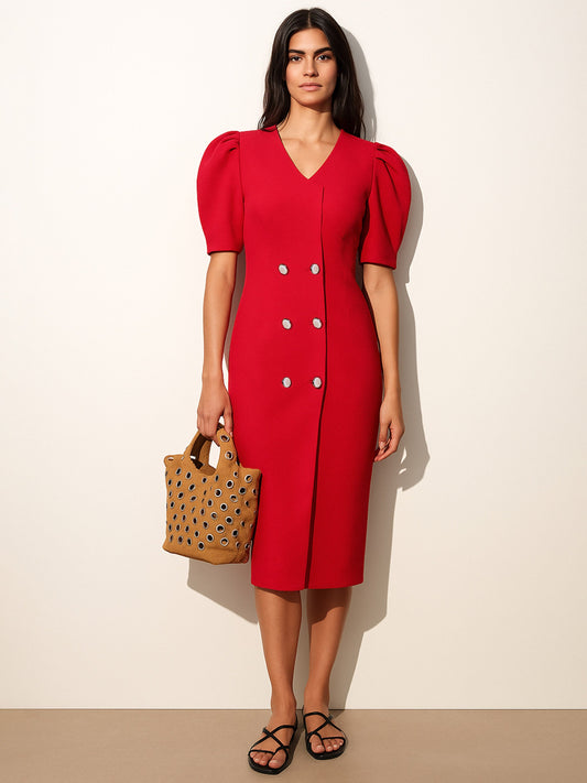 Women Red Double Button Mock Placket Bodycon Dress