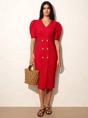 Women Red Double Button Mock Placket Bodycon Dress