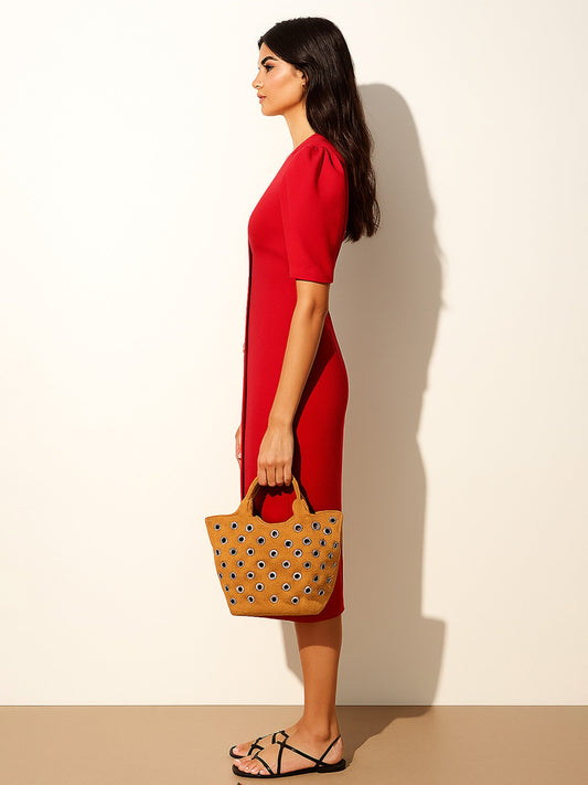 Women Red Double Button Mock Placket Bodycon Dress