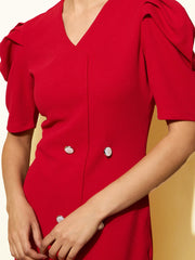 Women Red Double Button Mock Placket Bodycon Dress