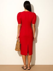 Women Red Double Button Mock Placket Bodycon Dress