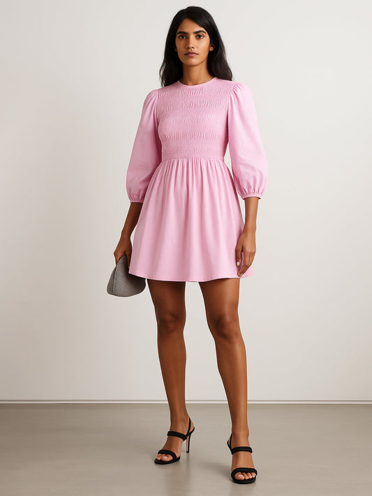 Women Pink Poplin Smocked Gathered Dress