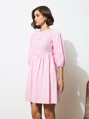 Women Pink Poplin Smocked Gathered Dress