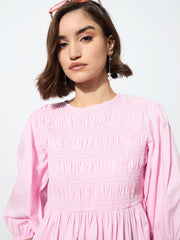 Women Pink Poplin Smocked Gathered Dress
