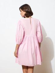 Women Pink Poplin Smocked Gathered Dress