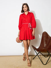 Women Red Poplin Short Skater Dori-Belt Dress