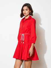 Women Red Poplin Short Skater Dori-Belt Dress