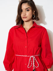 Women Red Poplin Short Skater Dori-Belt Dress
