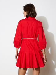 Women Red Poplin Short Skater Dori-Belt Dress