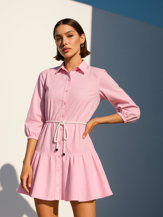 Women Pink Poplin Short Skater Dori-Belt Dress