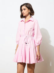Women Pink Poplin Short Skater Dori-Belt Dress