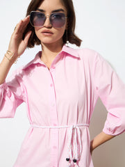 Women Pink Poplin Short Skater Dori-Belt Dress