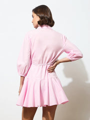 Women Pink Poplin Short Skater Dori-Belt Dress