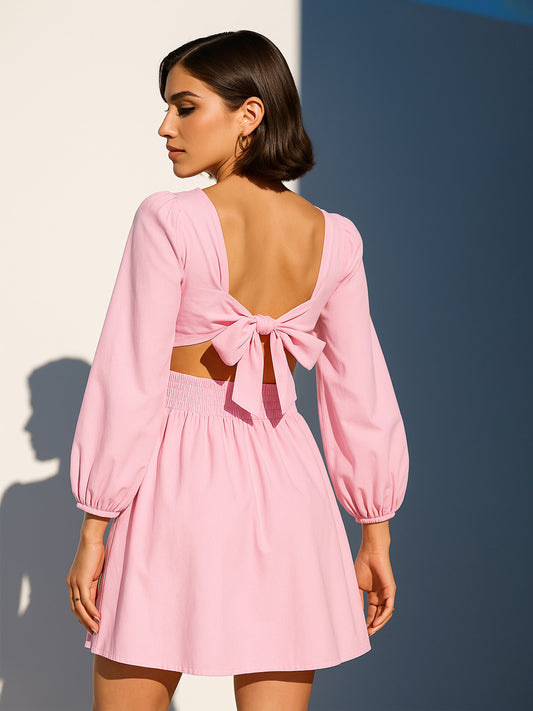 Women Pink Poplin Back Tie Knot Dress