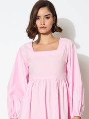 Women Pink Poplin Back Tie Knot Dress