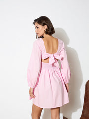 Women Pink Poplin Back Tie Knot Dress