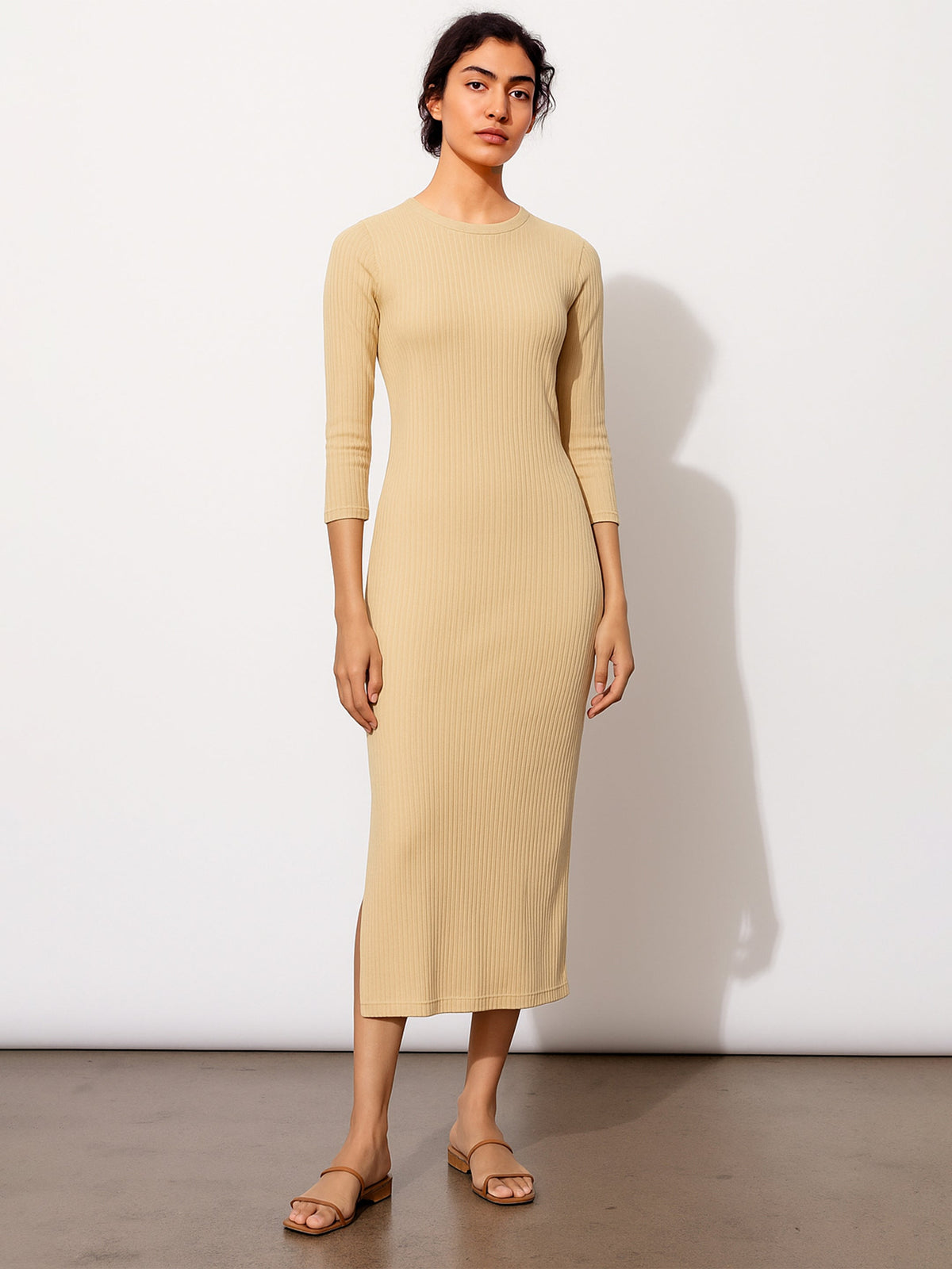 Women Beige Rib Mock Round Neck Midi Dress