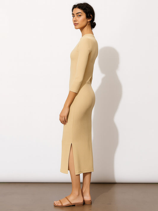 Women Beige Rib Mock Round Neck Midi Dress