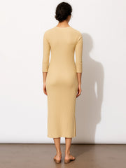 Women Beige Rib Mock Round Neck Midi Dress