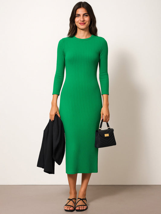 Women Green Rib Mock Round Neck Midi Dress
