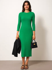 Women Green Rib Mock Round Neck Midi Dress