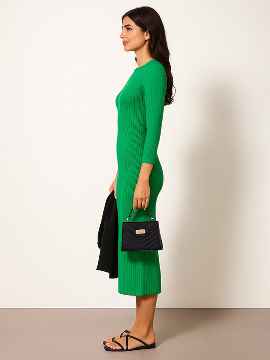 Women Green Rib Mock Round Neck Midi Dress