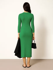Women Green Rib Mock Round Neck Midi Dress