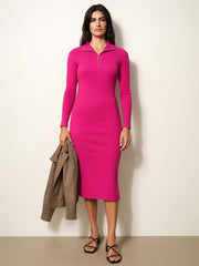 Women Fuchsia Rib High Neck Front Half Zipper Dress