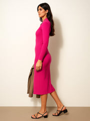 Women Fuchsia Rib High Neck Front Half Zipper Dress