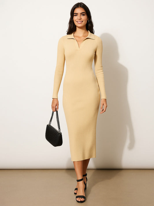 Women Beige Rib Polo Neck Bodycon Midi Dress