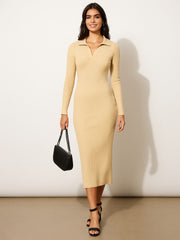 Women Beige Rib Polo Neck Bodycon Midi Dress