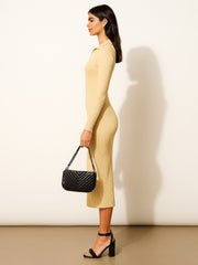Women Beige Rib Polo Neck Bodycon Midi Dress