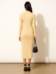 Women Beige Rib Polo Neck Bodycon Midi Dress