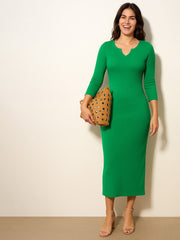 Women Green Rib Deep V-Neck Ankle Midi Dress