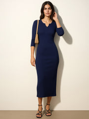 Women Navy Rib Deep V-Neck Ankle Midi Dress