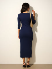 Women Navy Rib Deep V-Neck Ankle Midi Dress