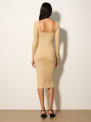 Women Beige Rib Square Neck FS Midi Dress