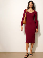 Women Maroon Rib Sweetheart Neck Knee Dress