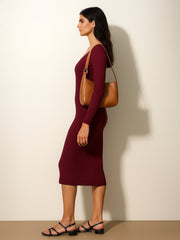 Women Maroon Rib Sweetheart Neck Knee Dress