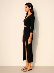 Women Black Rib Side Slit Wrap Neck Cut-Out Midi Dress