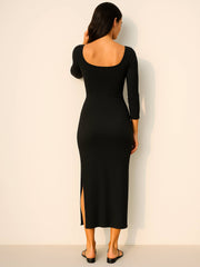 Women Black Rib Side Slit Wrap Neck Cut-Out Midi Dress