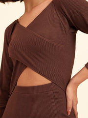 Women Brown Rib Side Slit Wrap Neck Cut-Out Midi Dress