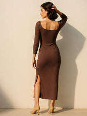 Women Brown Rib Side Slit Wrap Neck Cut-Out Midi Dress