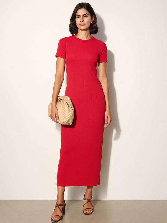 Women Red Rib Bodycon Back Slit Maxi Dress