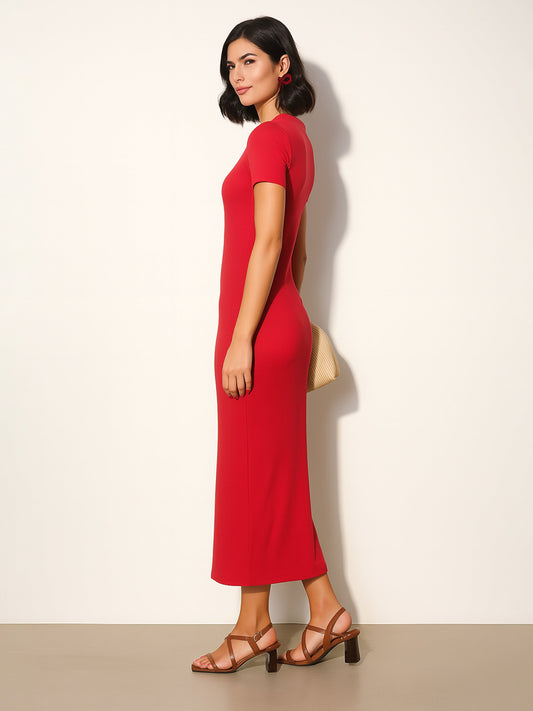 Women Red Rib Bodycon Back Slit Maxi Dress