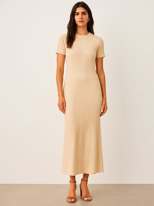 Women Beige Rib Bodycon Back Slit Maxi Dress