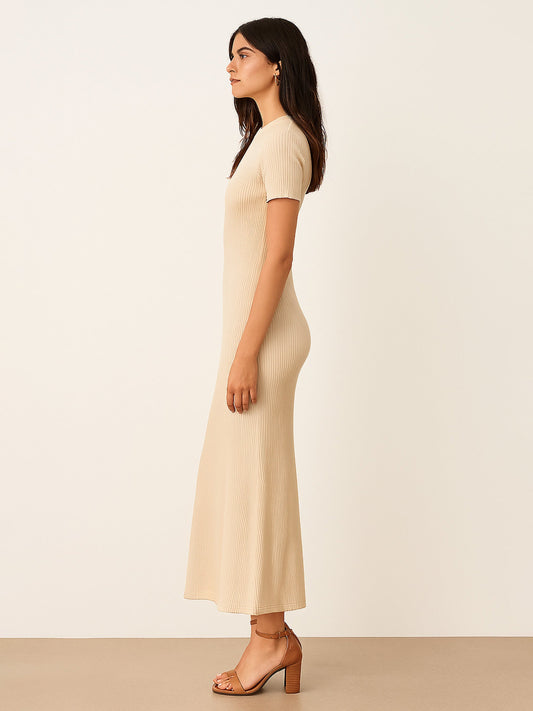 Women Beige Rib Bodycon Back Slit Maxi Dress