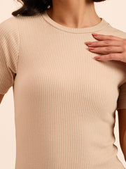 Women Beige Rib Bodycon Back Slit Maxi Dress