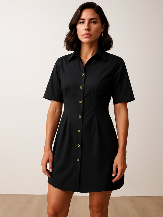 Women Black Smocked Pure Cotton Shirt Mini Dress